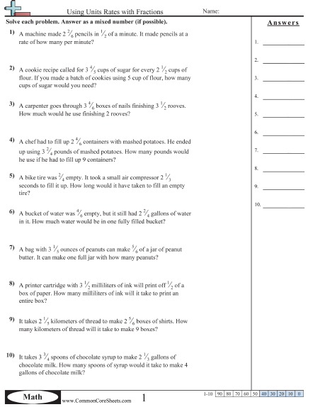 Ratio Worksheets - Using Unit Rates with Fractions worksheet